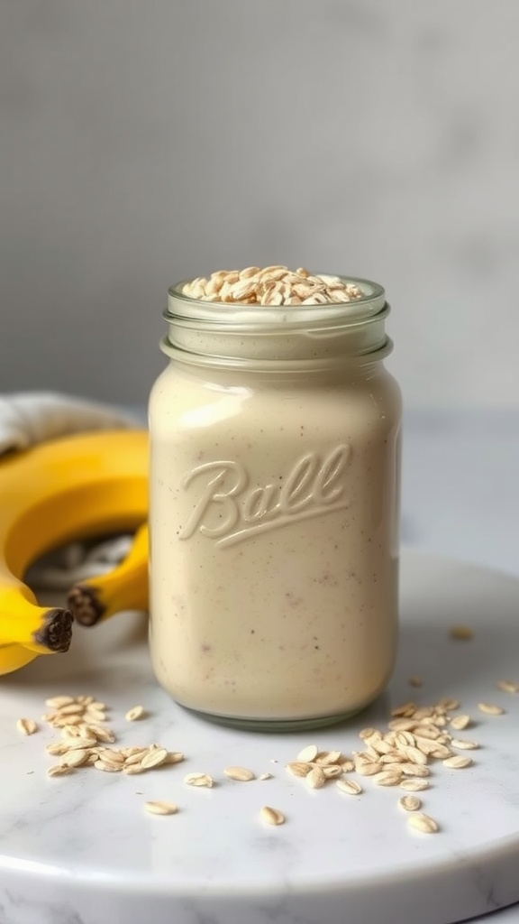 A creamy banana and oatmeal smoothie in a jar, topped with rolled oats, with bananas in the background.