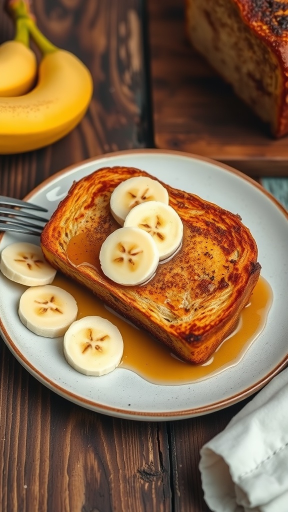 Delicious banana bread french toast topped with banana slices and syrup