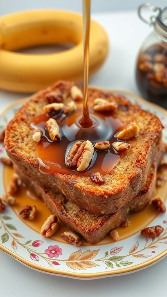 A plate of banana bread French toast topped with nuts and syrup.