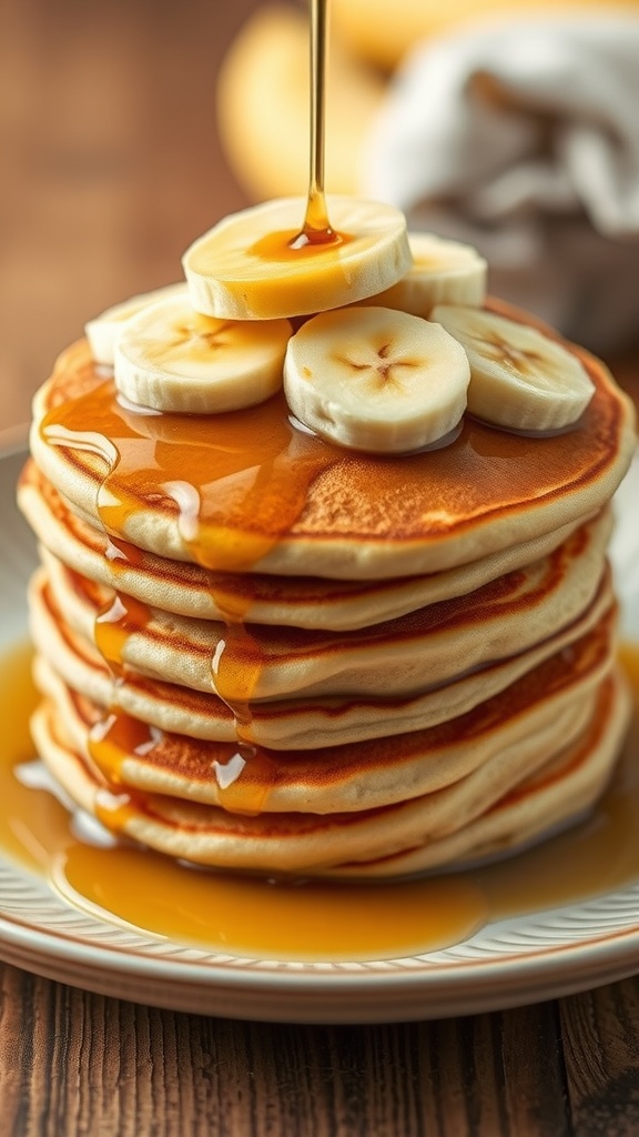 Stack of banana pancakes topped with banana slices and maple syrup