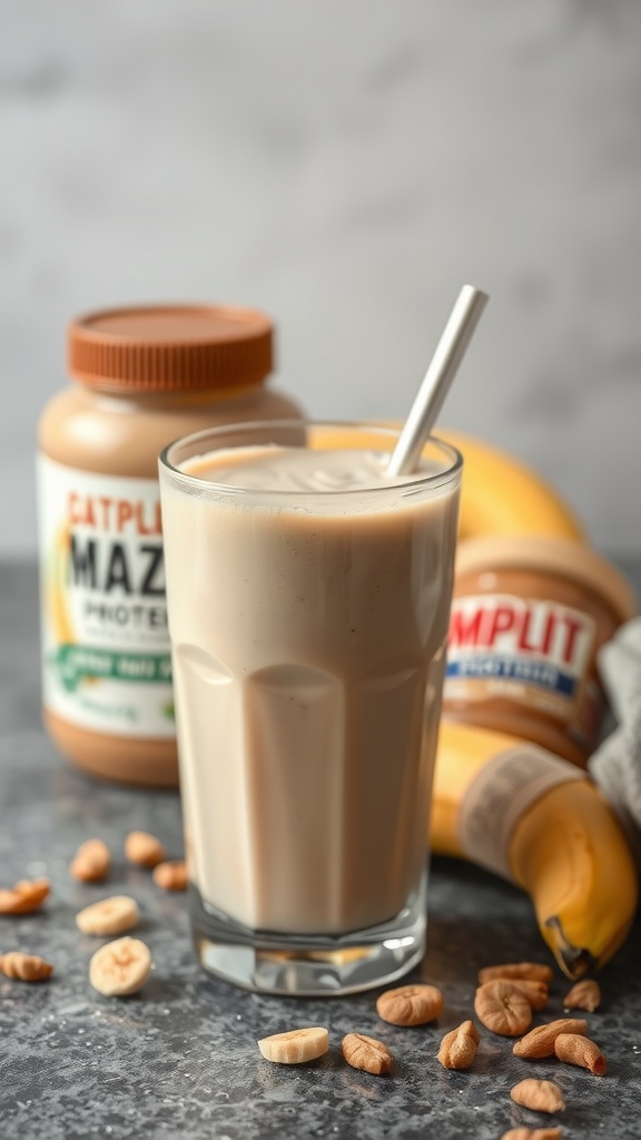 A creamy banana peanut butter protein shake in a glass with ingredients in the background.