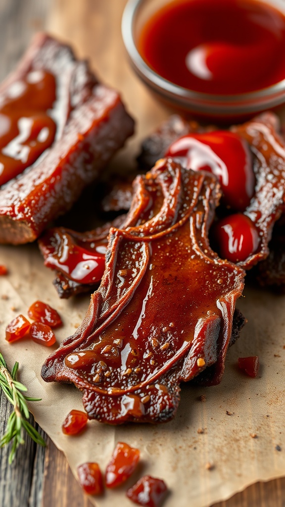 Homemade barbecue rib beef jerky with a glossy glaze and pieces of beef on a rustic wooden surface.