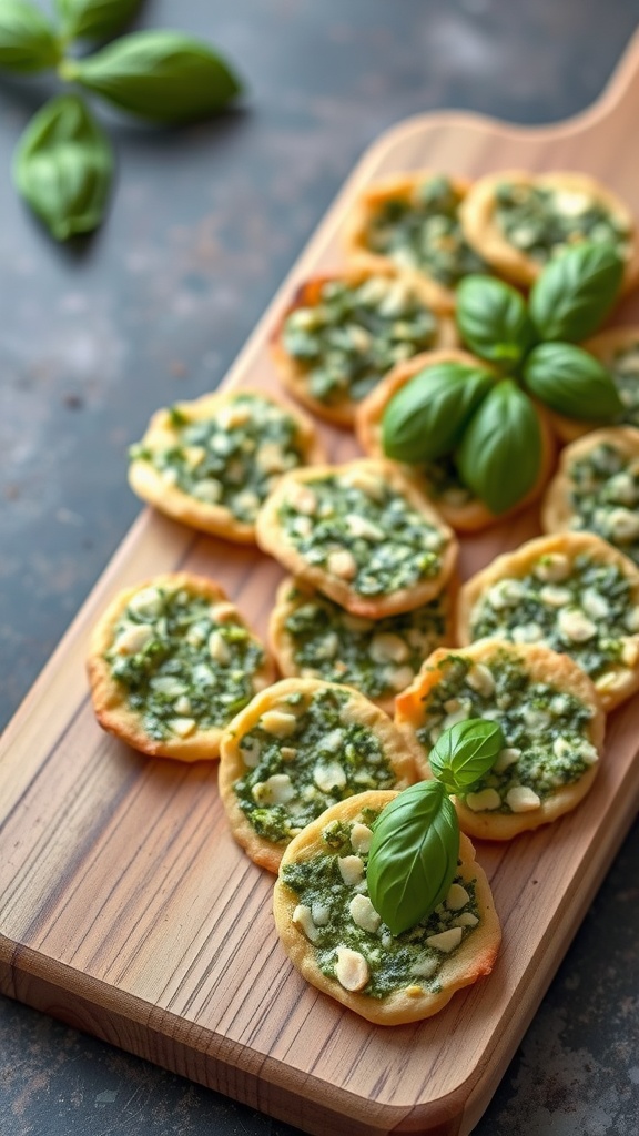 Basil pesto cheese crisps arranged on a wooden platter with fresh basil leaves.