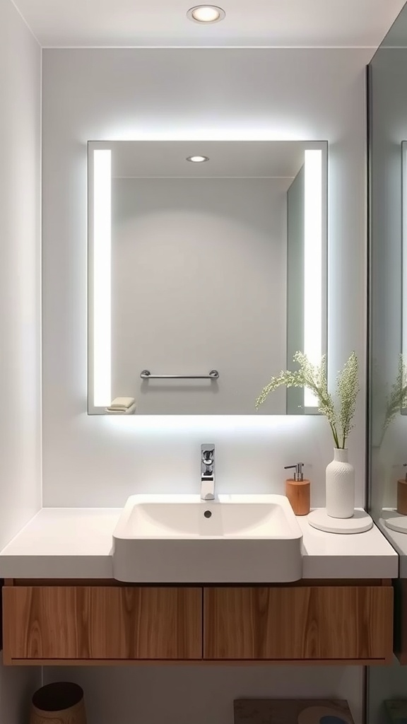 Modern bathroom with a stylish wall mirror and natural decor
