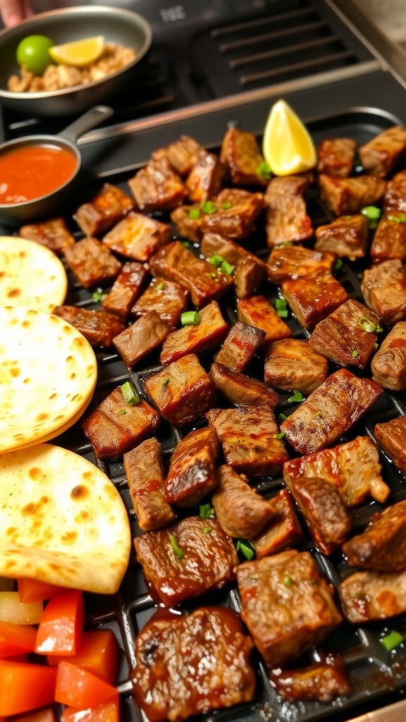 Delicious BBQ beef fajitas served with tortillas and fresh toppings.