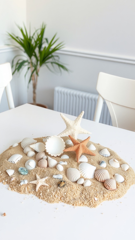 A beach-themed dining table centerpiece featuring shells and sand.