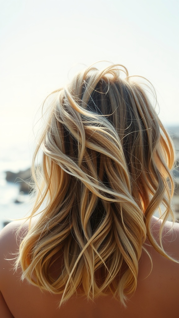 A person with beachy blonde waves standing by the ocean.