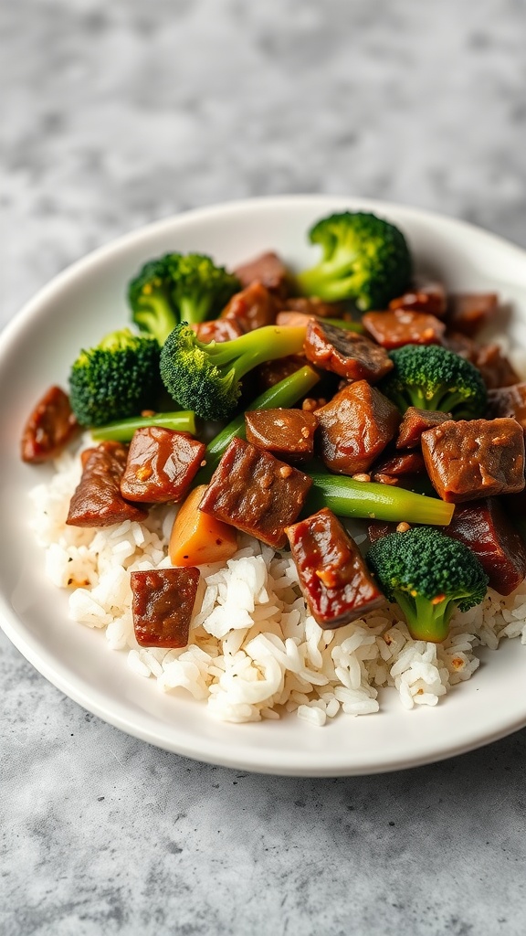 A plate of beef and broccoli stir-fry served over rice.