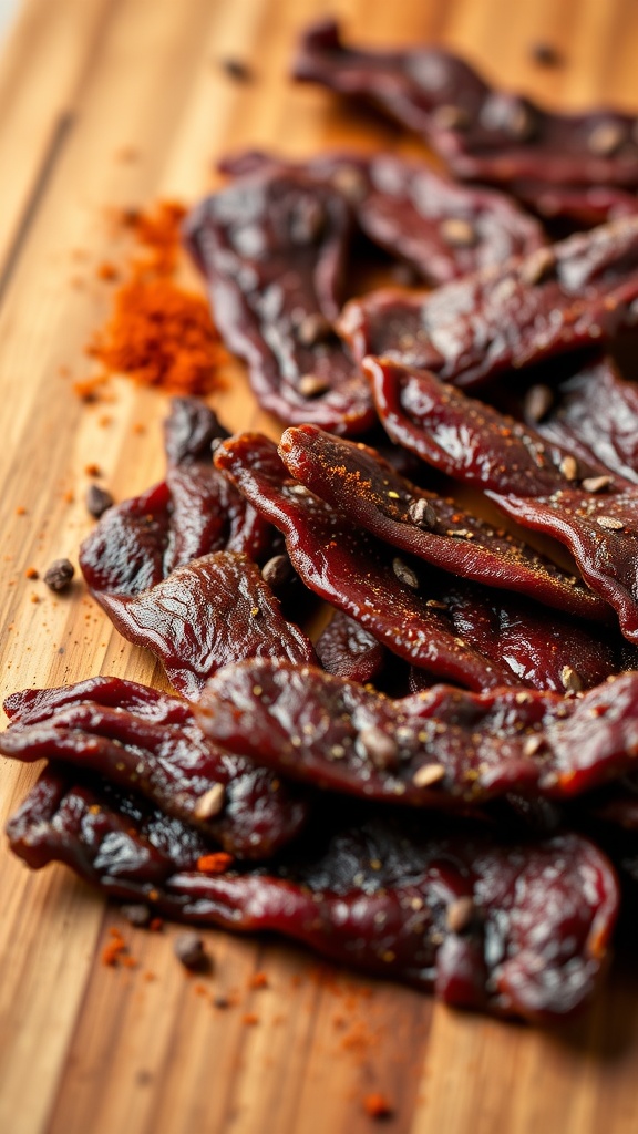 Homemade beef jerky on a wooden cutting board