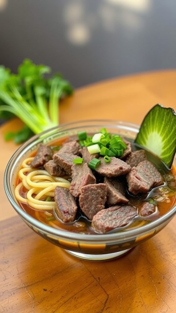 A bowl of beef ramen with tender brisket and garnishes.