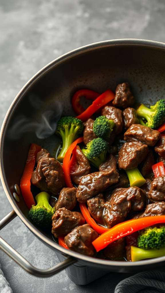 Beef stir-fry with broccoli and bell peppers in a pan