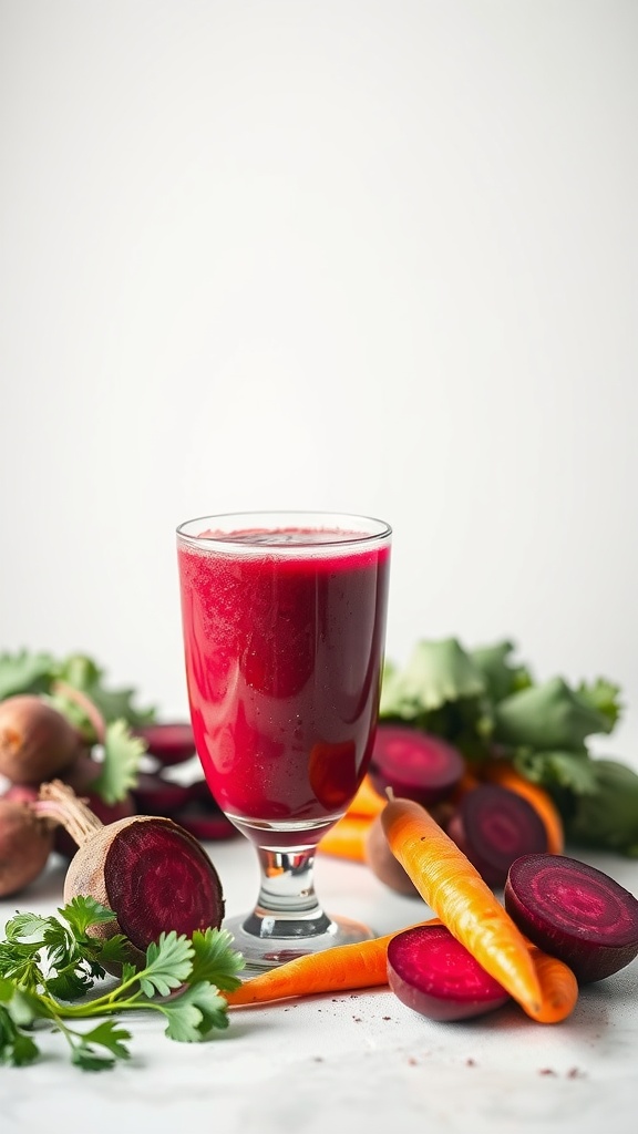 Vibrant beet and carrot smoothie in a glass with fresh vegetables