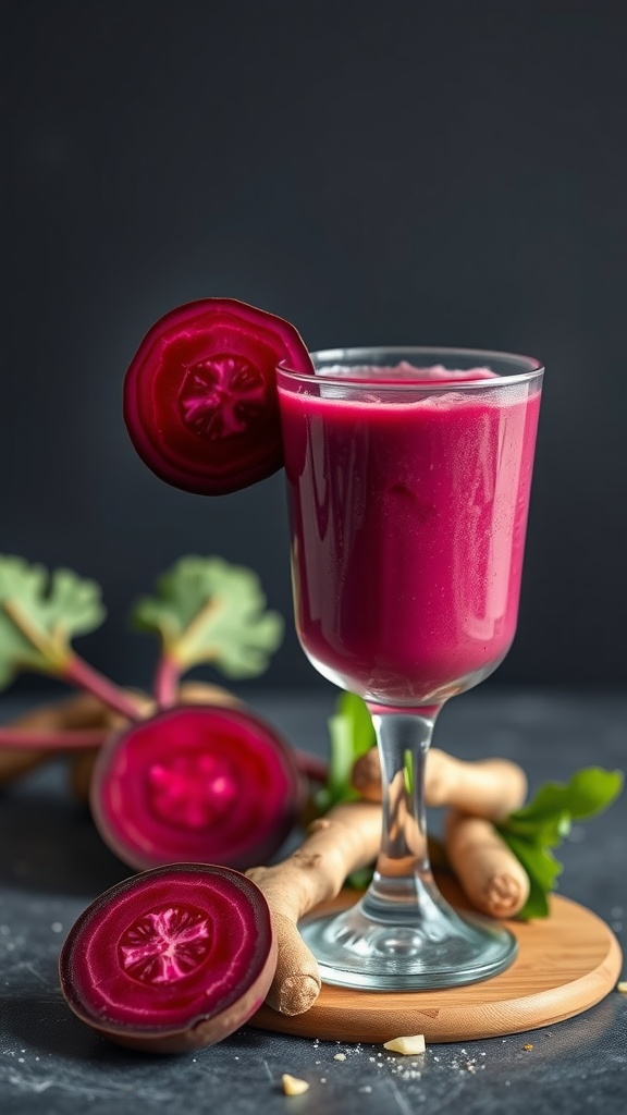 A vibrant beet and ginger smoothie in a glass, garnished with a slice of beet.