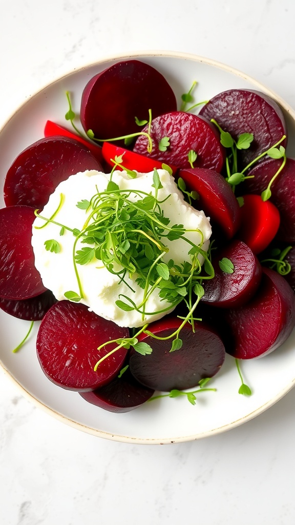 A colorful plate of sliced beets, goat cheese, and mixed greens, garnished with walnuts and herbs.