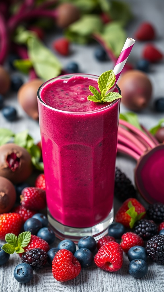 A vibrant pink beet berry detox smoothie garnished with mint, surrounded by fresh berries and beet greens.
