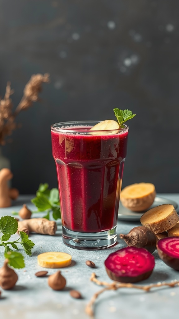 A vibrant beetroot and ginger smoothie in a glass, garnished with a slice of lemon and mint.