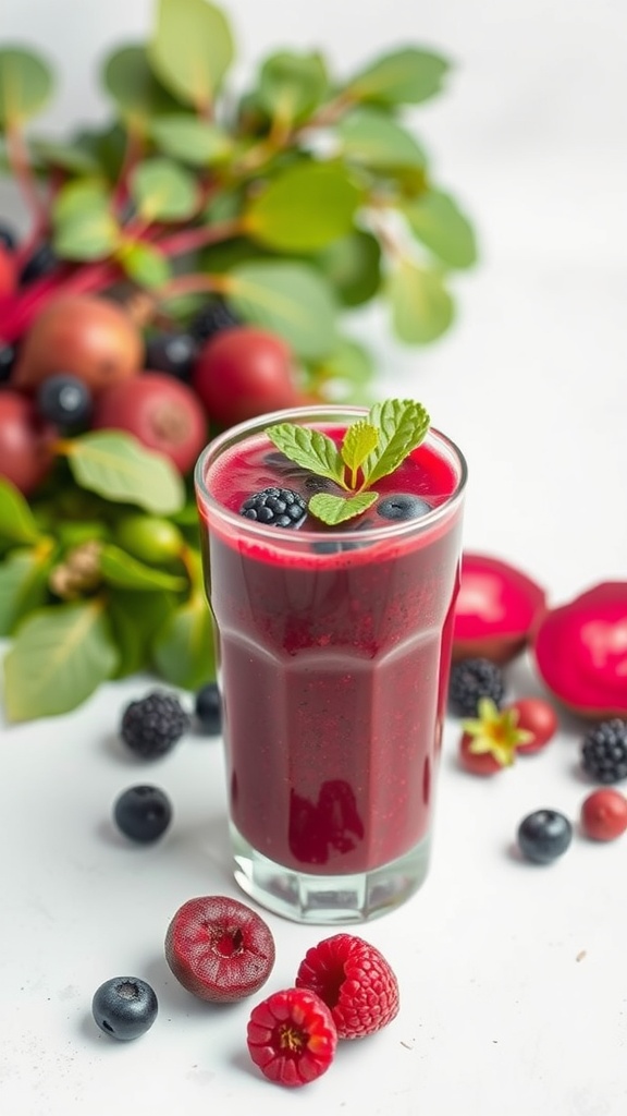 A vibrant beetroot berry smoothie served in a glass with fresh berries scattered around.