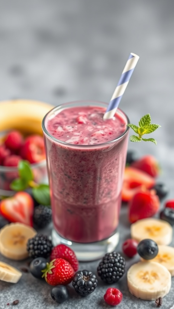 A refreshing berry banana smoothie in a glass with a straw, surrounded by fresh fruits.