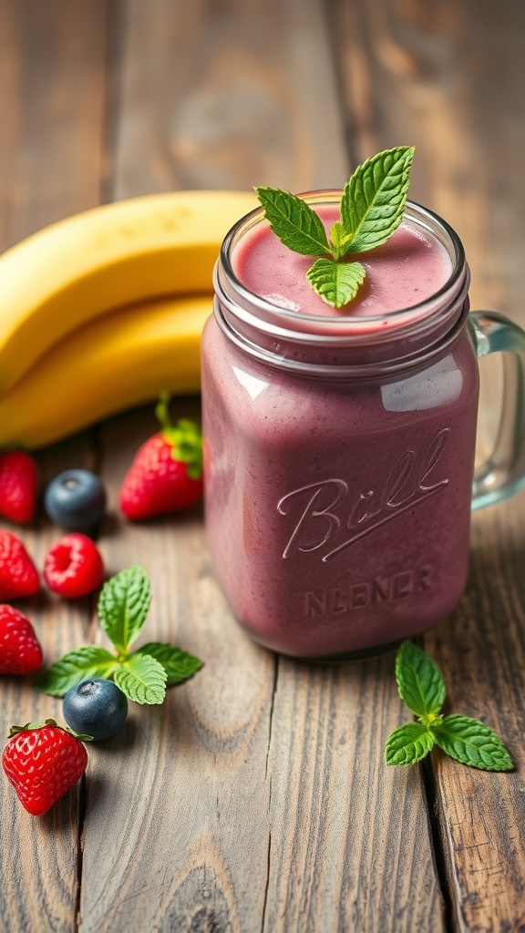 Berry Banana Probiotic Power smoothie with fresh berries and mint