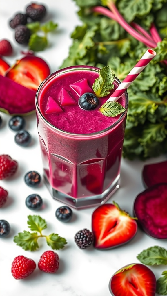 A vibrant smoothie made with kale, beet, and mixed berries, topped with fresh mint and a straw.