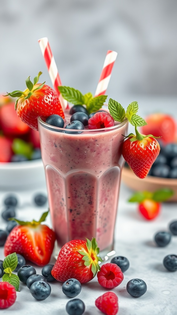 A vibrant berry smoothie filled with strawberries, blueberries, and raspberries, garnished with fresh fruit and mint leaves.