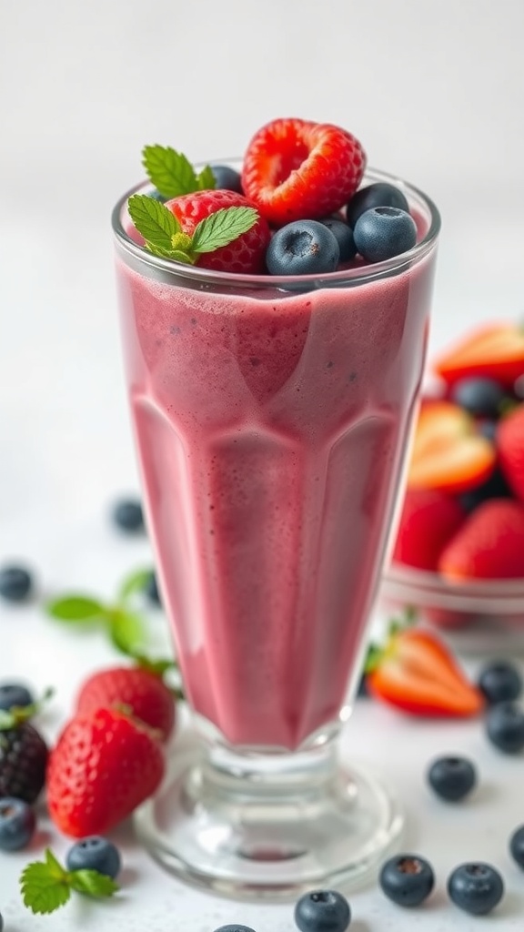 Berry Blast Coffee Smoothie in a glass with fresh berries on the side