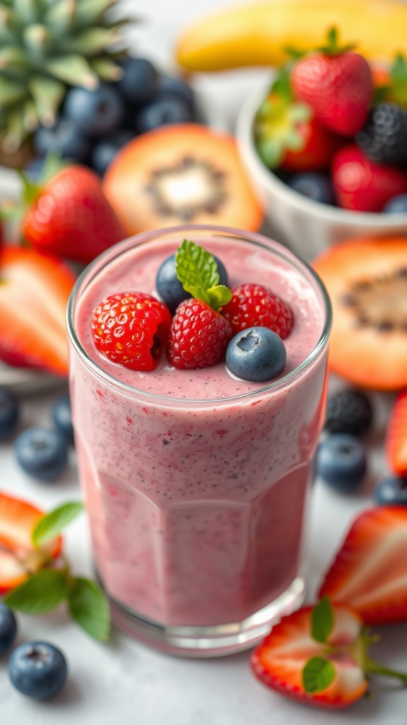 A refreshing berry smoothie topped with fresh berries in a glass.