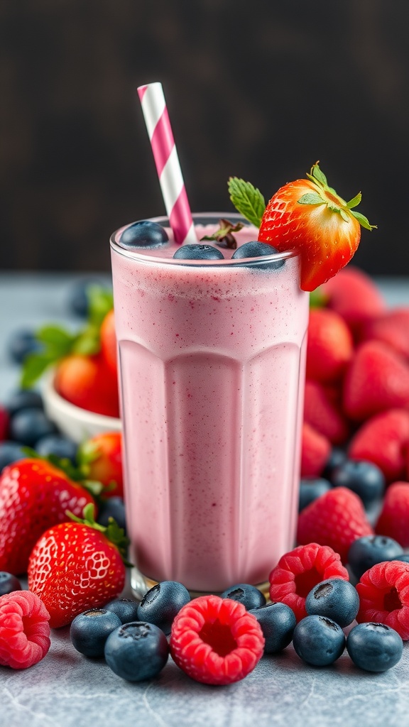 A vibrant berry protein shake topped with a strawberry and blueberries, surrounded by fresh berries.