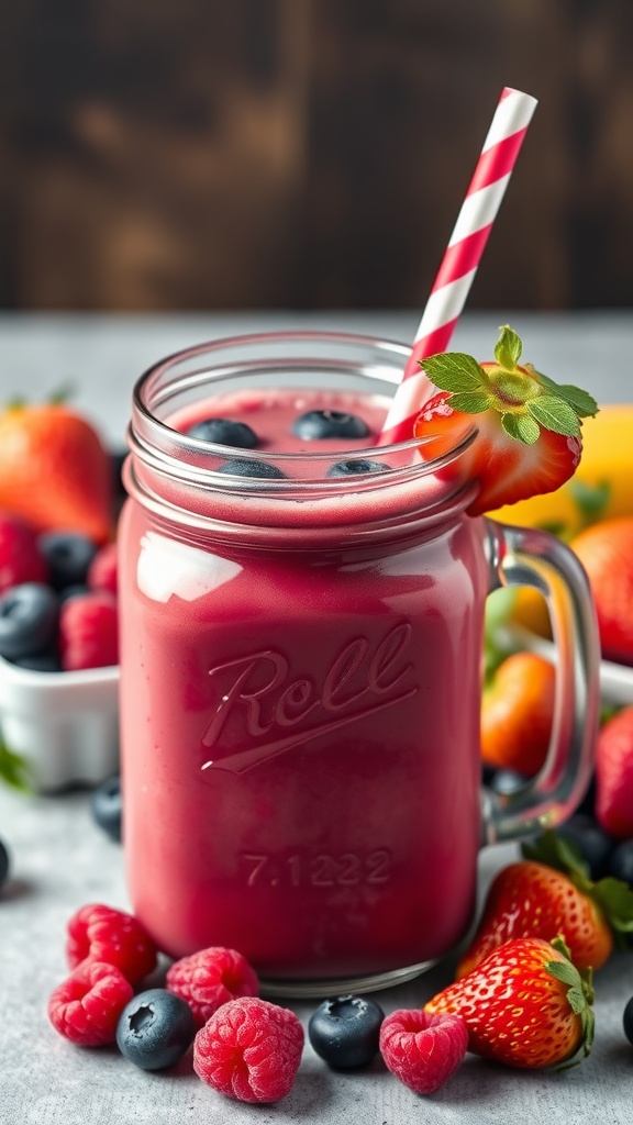 A colorful berry smoothie in a mason jar with a straw, surrounded by fresh berries.