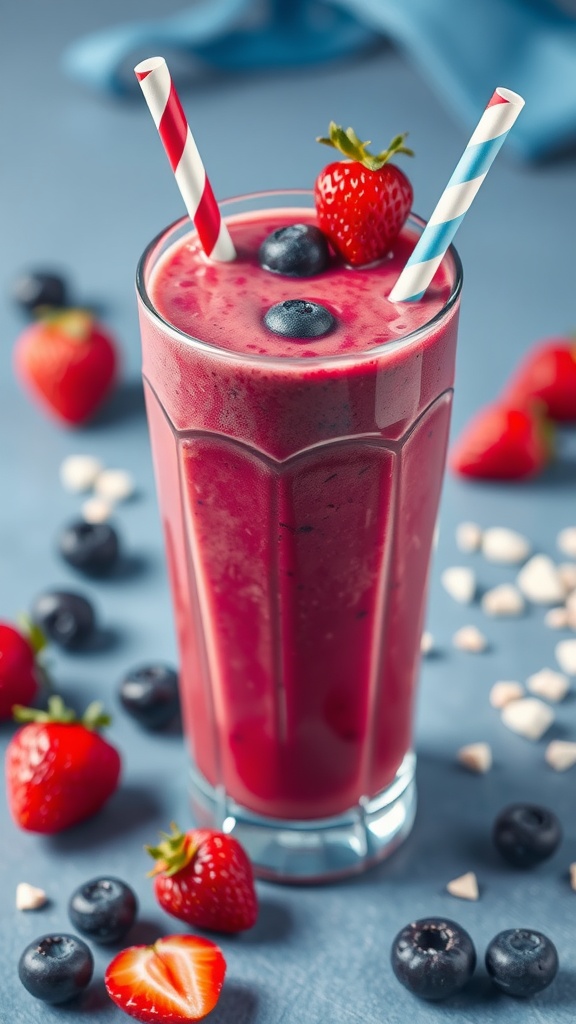 A vibrant berry smoothie with fresh strawberries and blueberries, served in a glass with colorful straws.