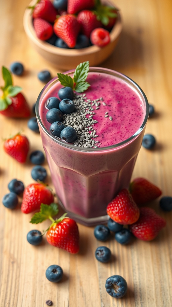 A refreshing berry smoothie topped with chia seeds and fresh berries