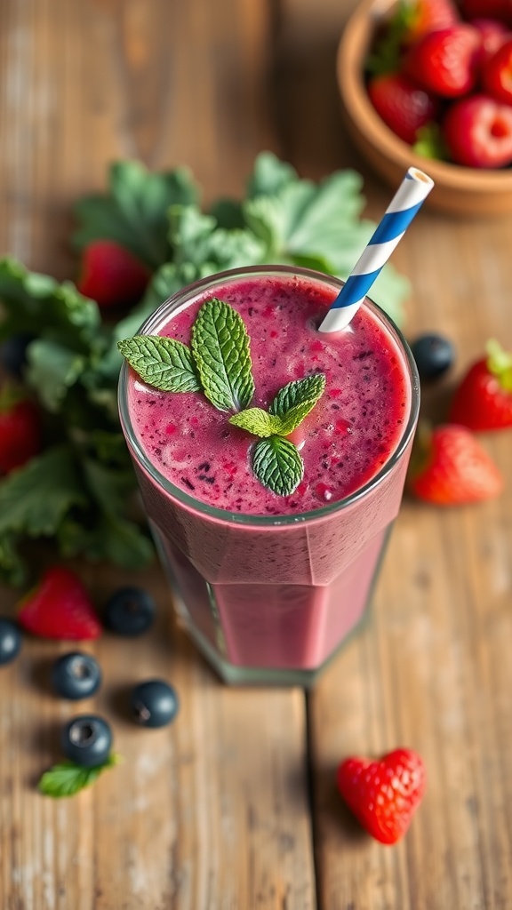 A vibrant Berry Bliss Kale Smoothie topped with mint leaves, surrounded by fresh strawberries and blueberries.