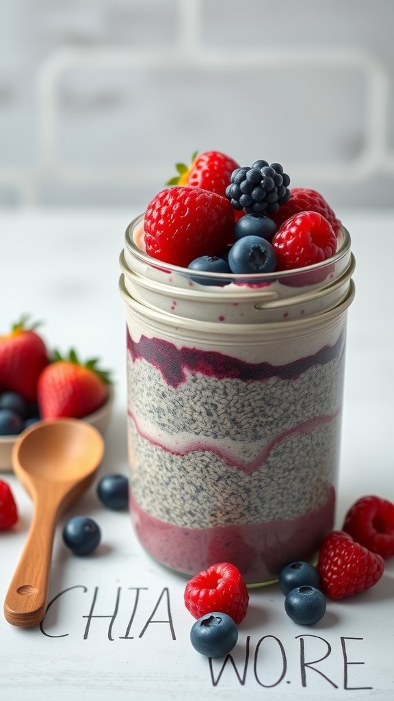 A colorful jar of berry chia seed pudding with layers of chia seeds and fresh berries on top.