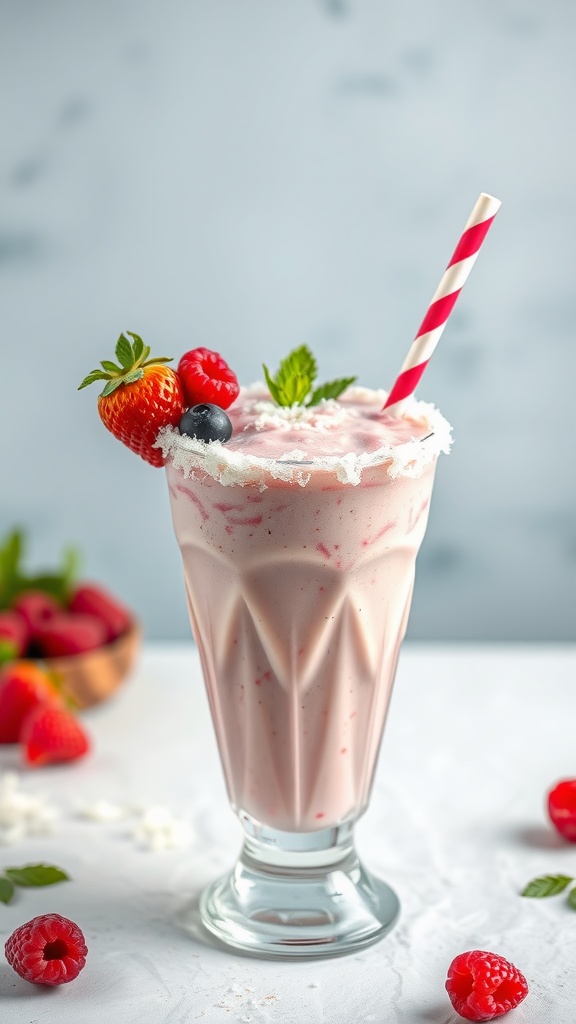 A refreshing berry coconut cream shake in a tall glass with a striped straw, garnished with berries and mint.