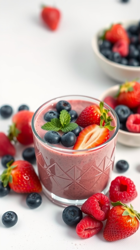 A refreshing berry medley smoothie topped with fresh strawberries and blueberries.