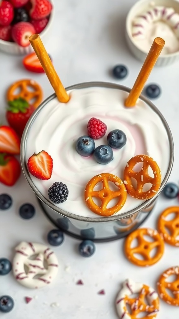 A bowl of yogurt fondue surrounded by fresh berries and pretzels.