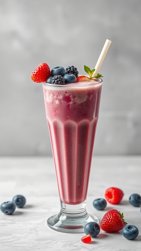 A berry protein smoothie in a tall glass, garnished with fresh berries and a straw.