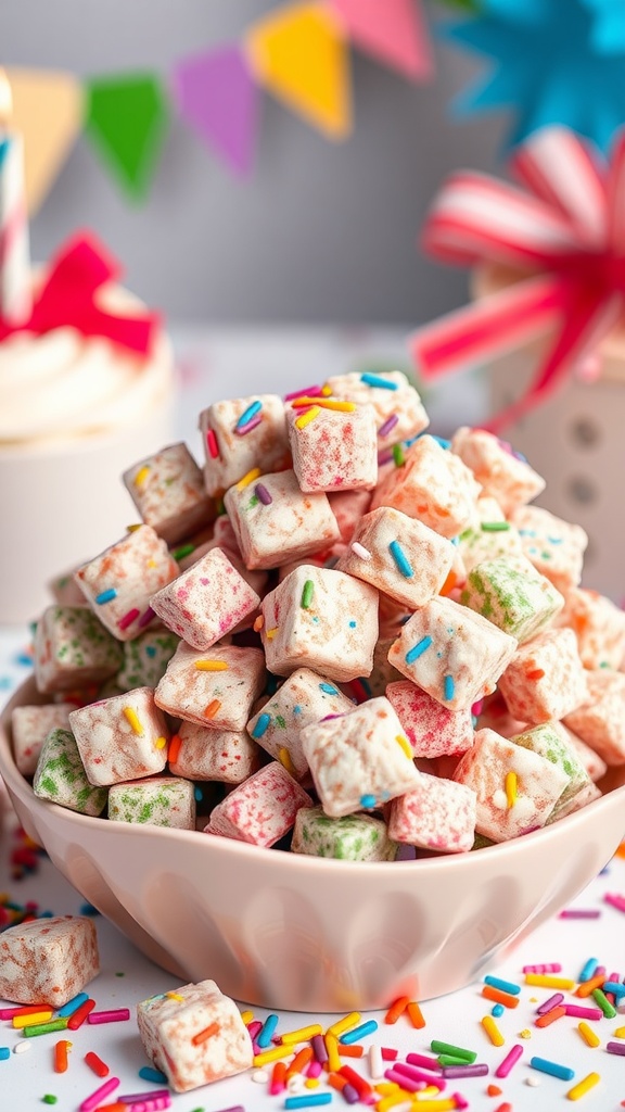 Colorful Birthday Cake Muddy Buddies snack in a bowl
