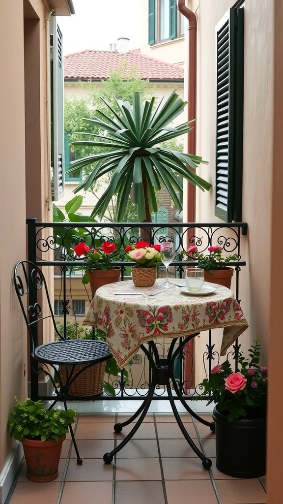 A cozy outdoor balcony with a bistro table and chairs, surrounded by potted plants.