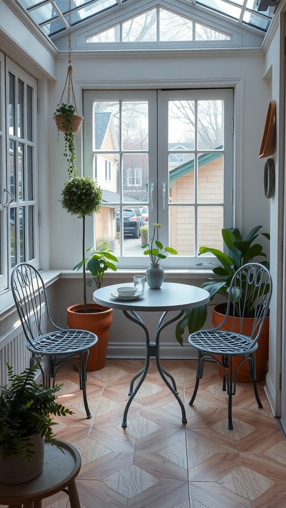 Small sunroom featuring a bistro table setup with two chairs and plants
