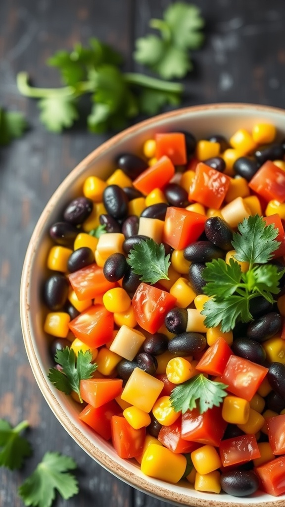 A colorful bowl of black bean and corn salad with diced vegetables and cilantro.