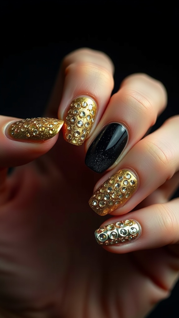 Black glitter nails with gold ombre and embellishments