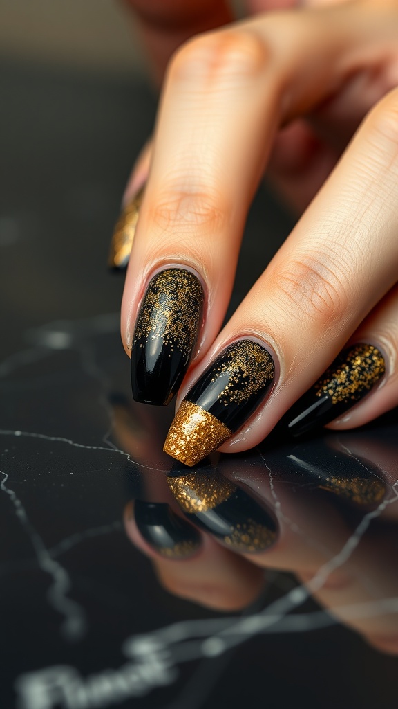 Close-up of black ombre fade nails with golden glitter accents
