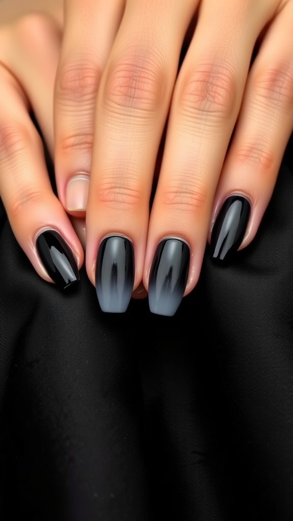 Black to grey ombre nails with a smooth gradient finish