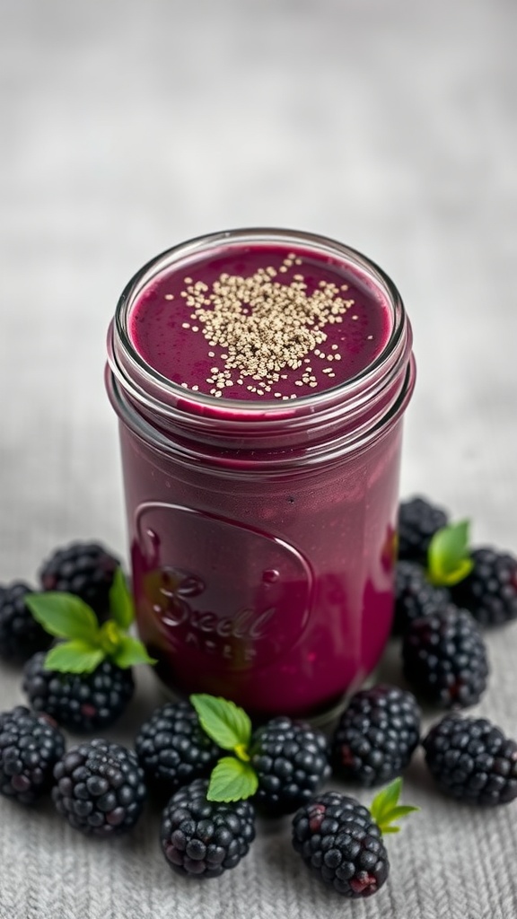 A nutritious blackberry and chia seed smoothie in a glass, surrounded by fresh blackberries and mint.