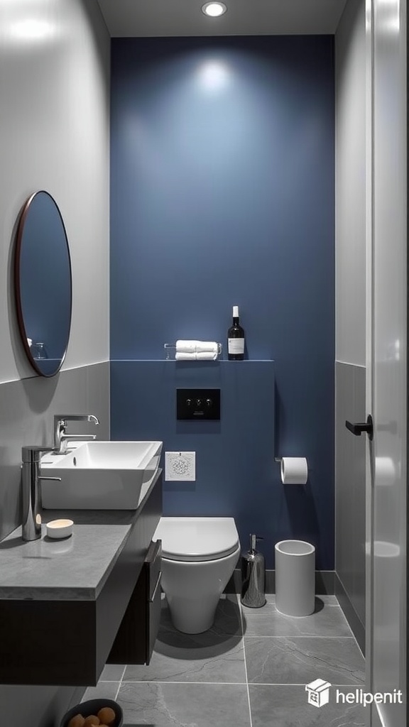Modern bathroom featuring blue walls and gray tiles