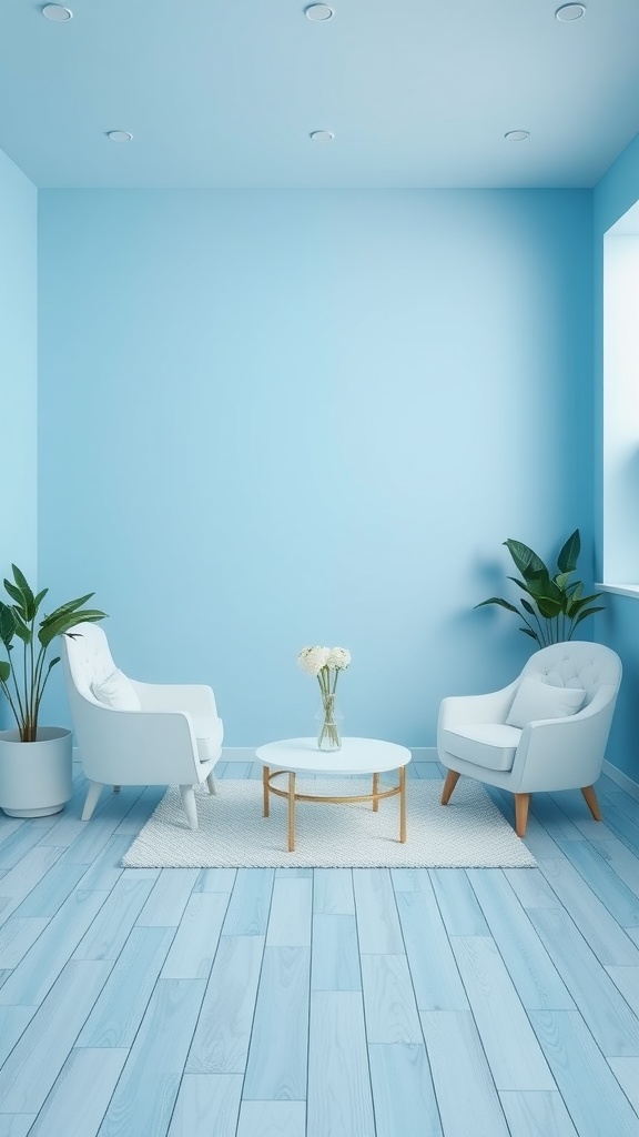 A bright blue room with white chairs, a coffee table, and plants.