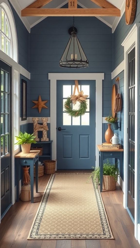 A blue farmhouse entryway featuring blue walls, wooden accents, and decorative plants.