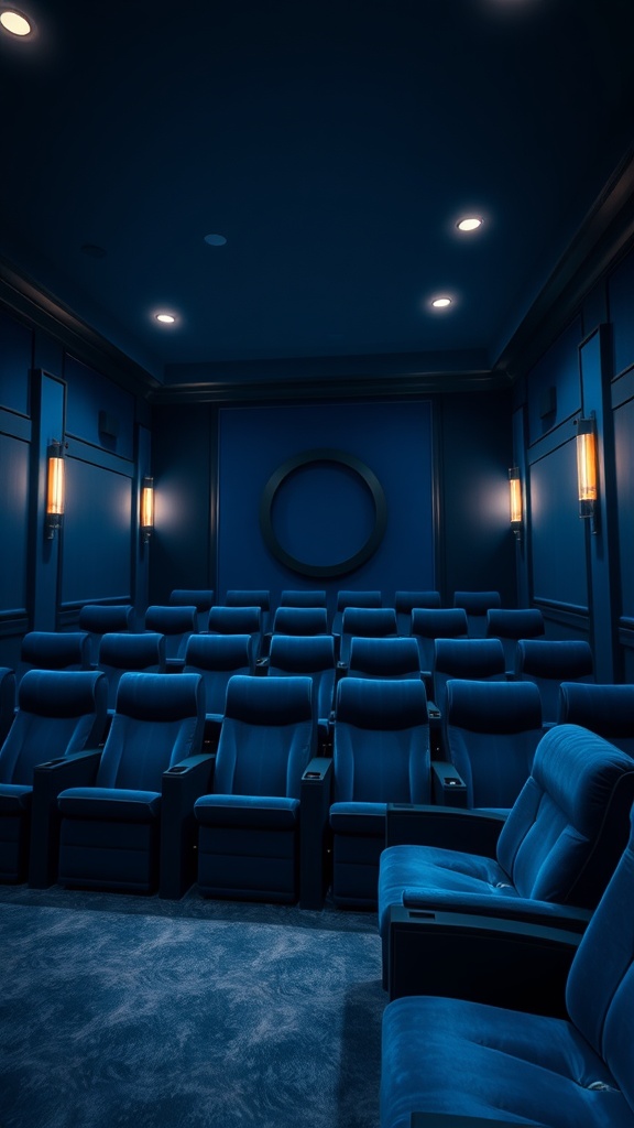 A luxurious blue velvet home theater with plush seating and soft lighting