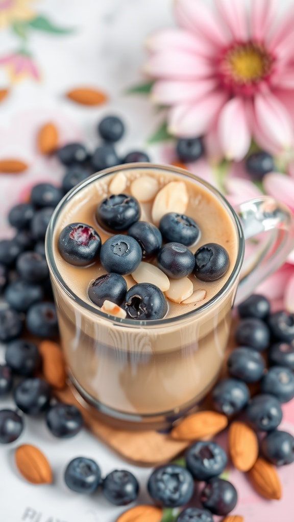 A glass of Blueberry Almond Keto Coffee topped with fresh blueberries and almonds.